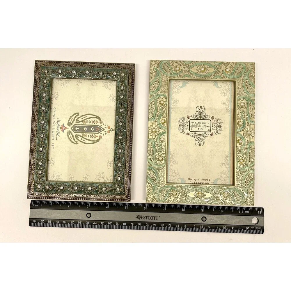 Sheffield Home set of (2) 4x6 Pewter Picture Frames-Ornate/Jeweled-Green & Gold